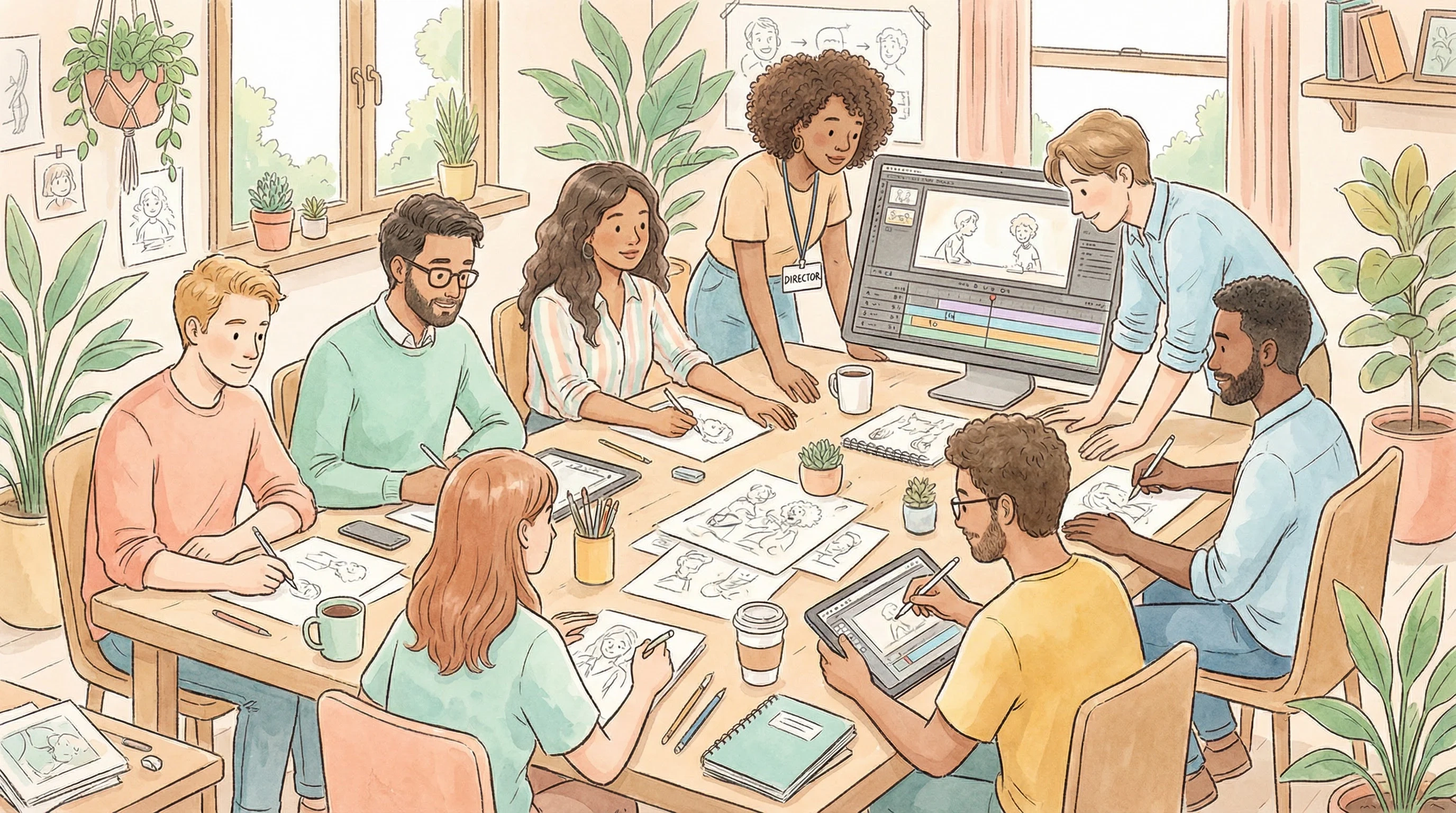 苏小涵创作团队工作场景插画 - 多元化动画创作团队协作