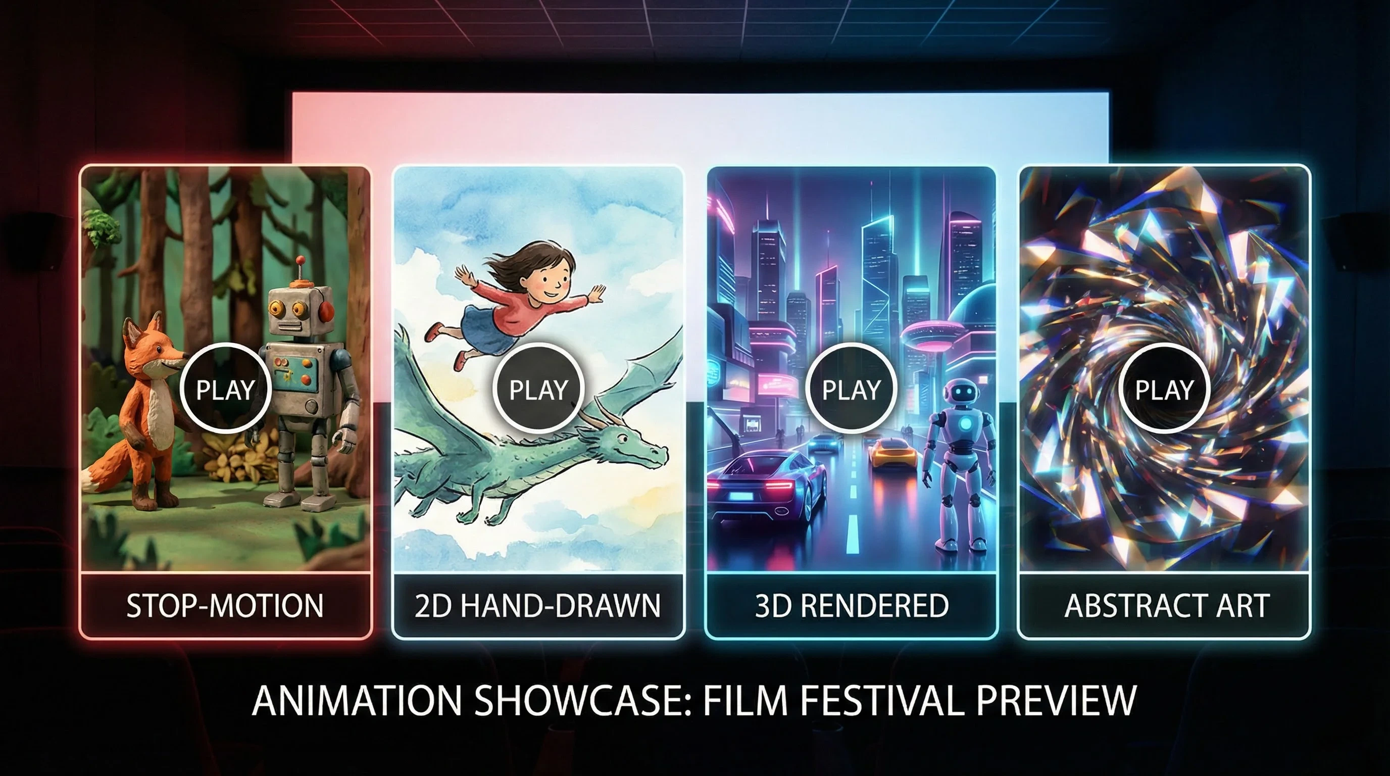 苏小涵动画预告片合集横幅 - 定格动画、2D手绘、3D渲染、抽象艺术四种风格预览